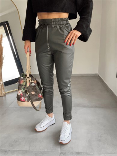 Özel Üretim Beli Lastikli Haki Deri Pantolon