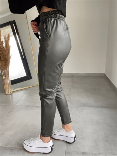 Özel Üretim Beli Lastikli Haki Deri Pantolon