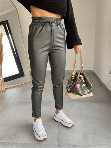 Özel Üretim Beli Lastikli Haki Deri Pantolon