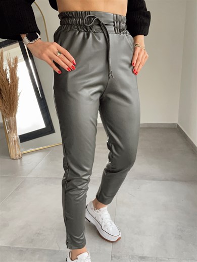 Özel Üretim Beli Lastikli Haki Deri Pantolon