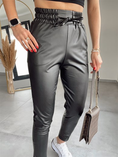 Özel Üretim Beli Lastikli Siyah Deri Pantolon