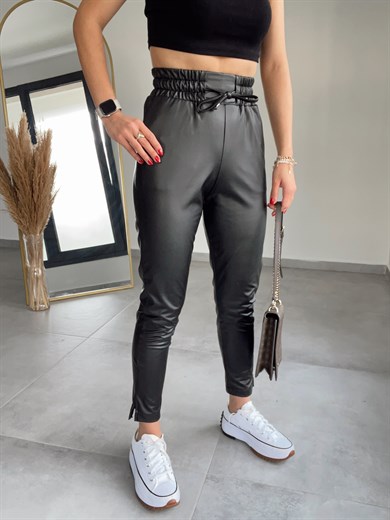 Özel Üretim Beli Lastikli Siyah Deri Pantolon