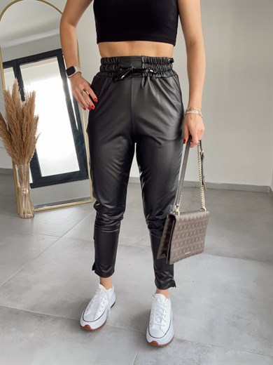 Özel Üretim Beli Lastikli Siyah Deri Pantolon