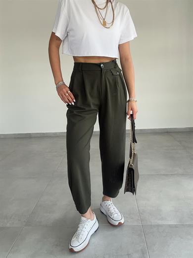 Özel Üretim Beli Ve Paçası Düğmeli Haki Pantolon