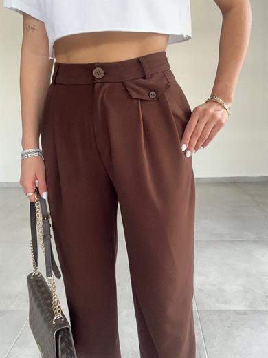 Özel Üretim Beli Ve Paçası Düğmeli Kahve Pantolon