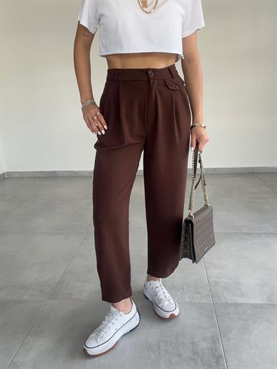 Özel Üretim Beli Ve Paçası Düğmeli Kahve Pantolon