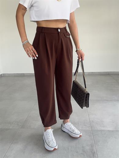 Özel Üretim Beli Ve Paçası Düğmeli Kahve Pantolon