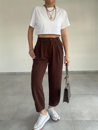 Özel Üretim Beli Ve Paçası Düğmeli Kahve Pantolon