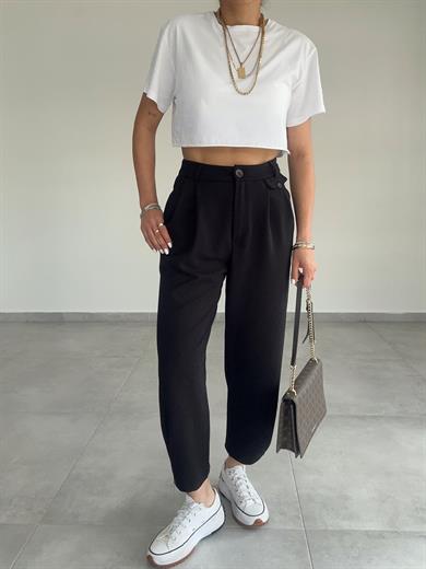 Özel Üretim Beli Ve Paçası Düğmeli Siyah Pantolon