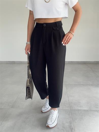 Özel Üretim Beli Ve Paçası Düğmeli Siyah Pantolon