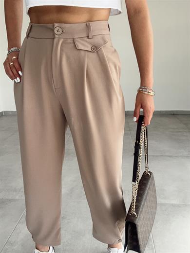 Özel Üretim Beli Ve Paçası Düğmeli Vizon Pantolon