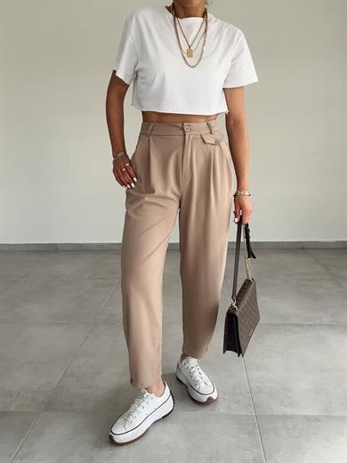 Özel Üretim Beli Ve Paçası Düğmeli Vizon Pantolon