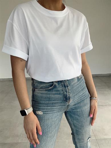 Özel Üretim Beyaz Bisiklet Yaka Tişört