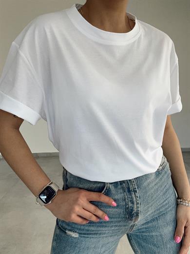 Özel Üretim Beyaz Bisiklet Yaka Tişört