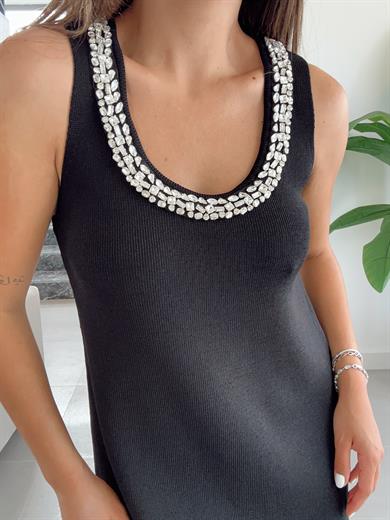 Parlak Taş Aplikeli Siyah Triko Elbise