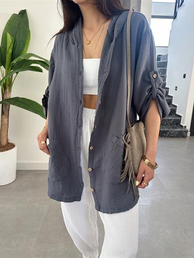 Pcs Antrasit Müslin Kapşonlu Ceket