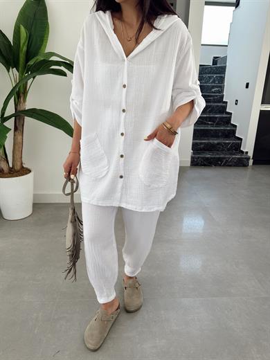 Pcs Ekru Müslin Kapşonlu Ceket