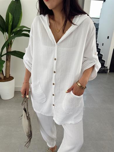 Pcs Ekru Müslin Kapşonlu Ceket