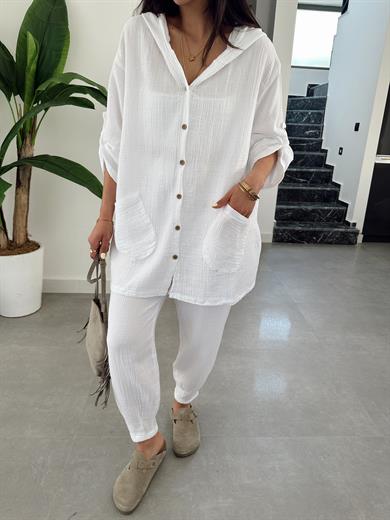 Pcs Ekru Müslin Kapşonlu Ceket