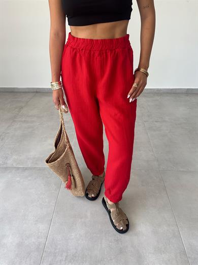 Pcs Kırmızı Paça Pileli Pantolon