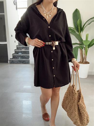 Pcs Siyah Keten Tunik Gömlek