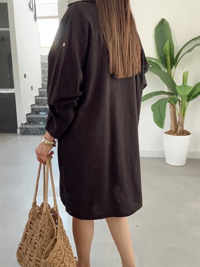 Pcs Siyah Keten Tunik Gömlek