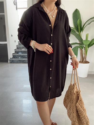 Pcs Siyah Keten Tunik Gömlek