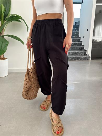 Pcs Siyah Müslin Püsküllü Pantolon