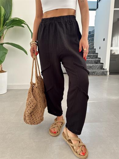 Pcs Siyah Müslin Püsküllü Pantolon