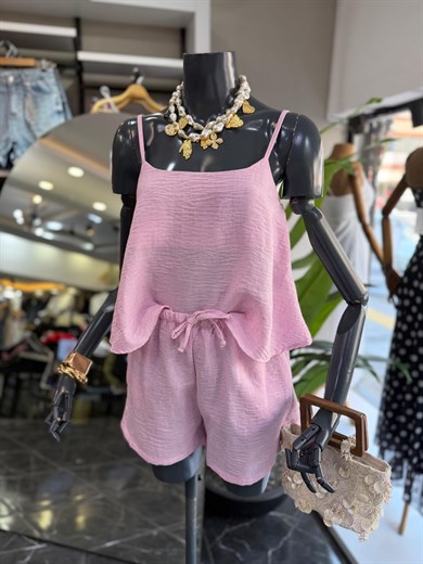 Levure Pembe Askılı Crop Bluz