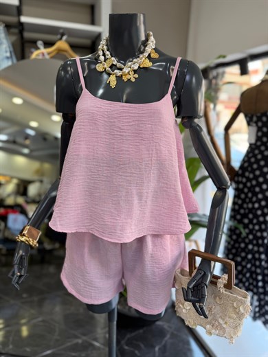Levure Pembe Askılı Crop Bluz