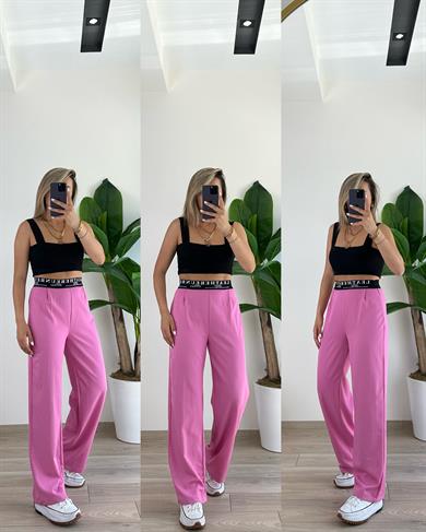 Pembe Beli Yazı Detaylı Palazzo