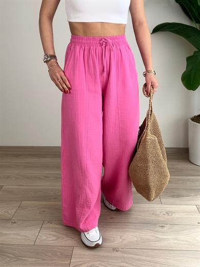 Pembe Bol Paça Keten Pantolon