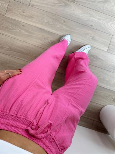 Pembe Bol Paça Keten Pantolon