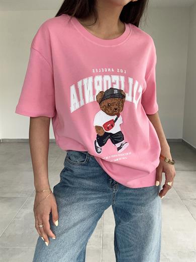 Pembe California Tedy Nakışlı Tshirt