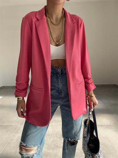Pembe Çelik Kumaş Kol Büzgülü Blazer Ceket