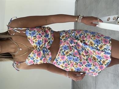 Pembe Çiçekli Askılı Crop Bluz