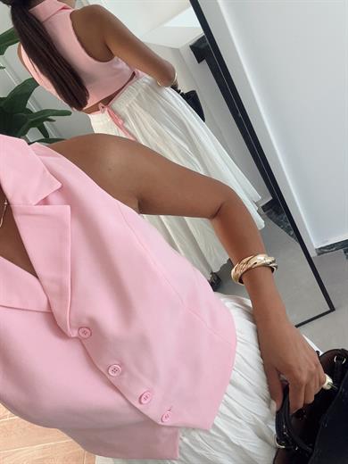 Pembe Düğmeli Dokuma Yelek