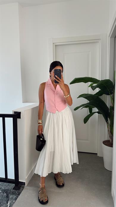 Pembe Düğmeli Dokuma Yelek