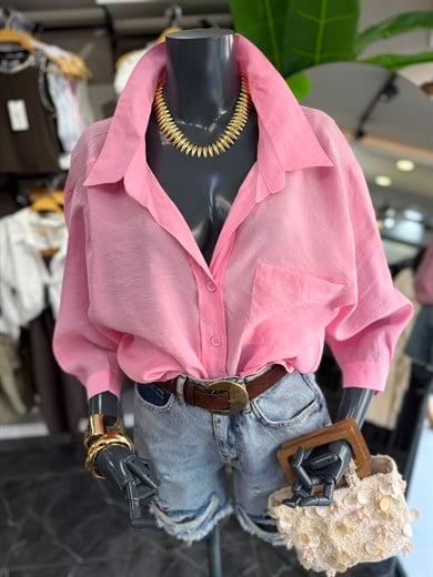 Pembe Düşük Omuz Oversize Gömlek