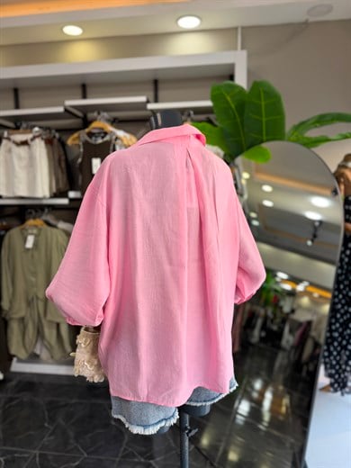 Pembe Düşük Omuz Oversize Gömlek