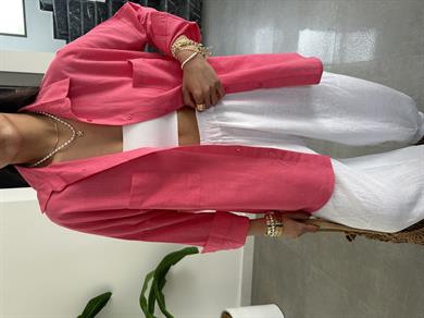 Pembe Flamlı Keten Çift Cep Oversize Gömlek