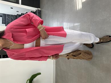 Pembe Flamlı Keten Çift Cep Oversize Gömlek