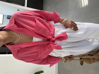 Pembe Flamlı Keten Çift Cep Oversize Gömlek