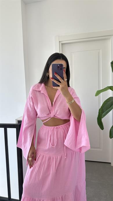 Pembe Gömleği Bağlamalı Etekli Takım
