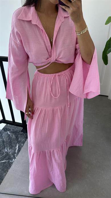 Pembe Gömleği Bağlamalı Etekli Takım