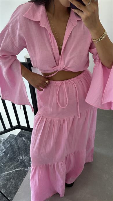 Pembe Gömleği Bağlamalı Etekli Takım