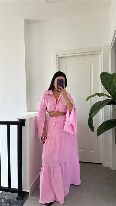 Pembe Gömleği Bağlamalı Etekli Takım