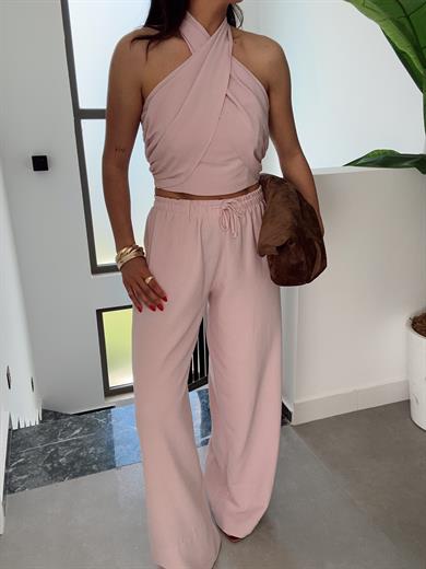 Pembe Halter Yaka Bluz Takım
