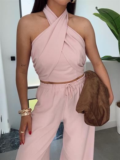 Pembe Halter Yaka Bluz Takım